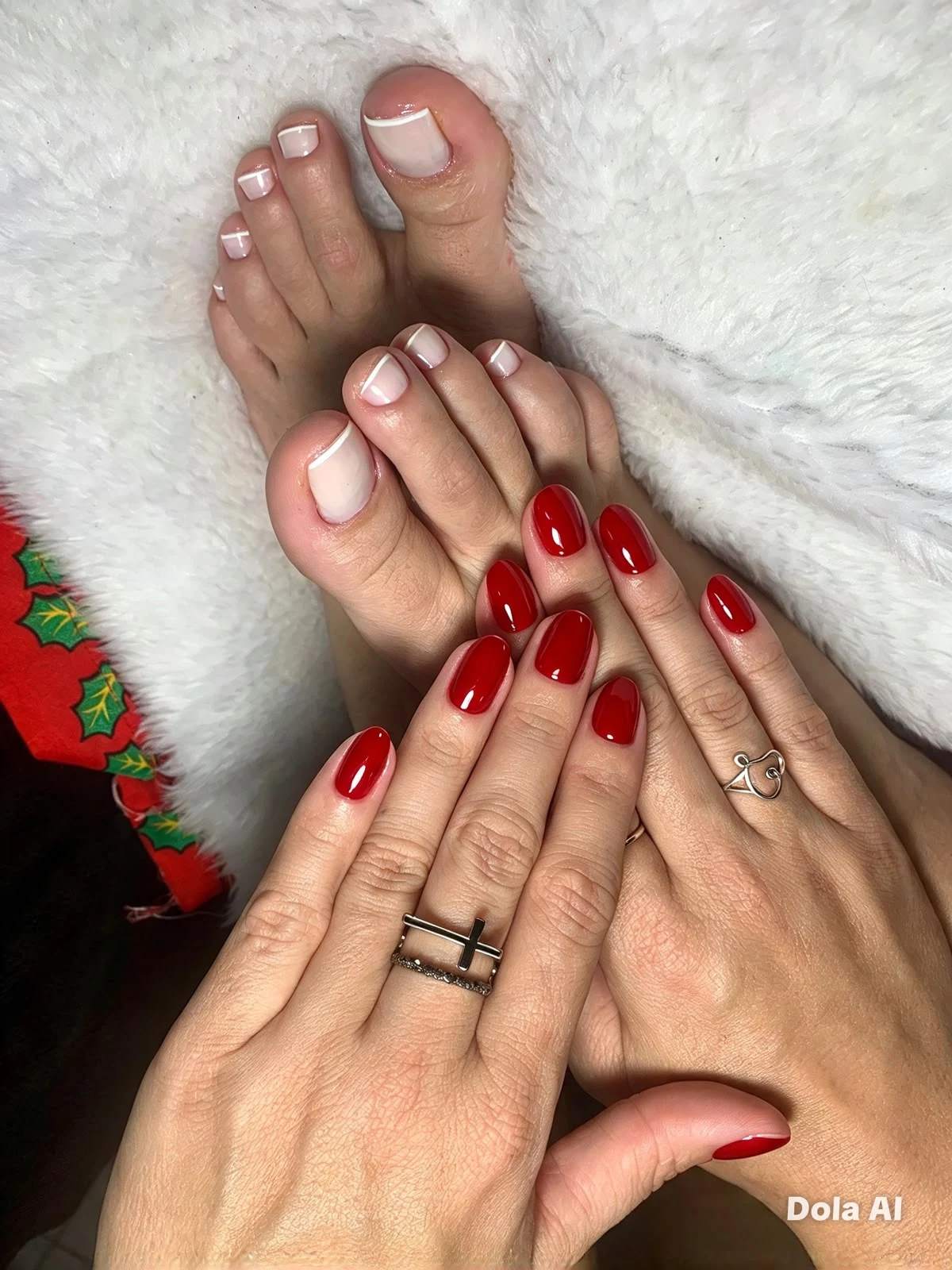 Manicure vermelha e pedicure com francesinha