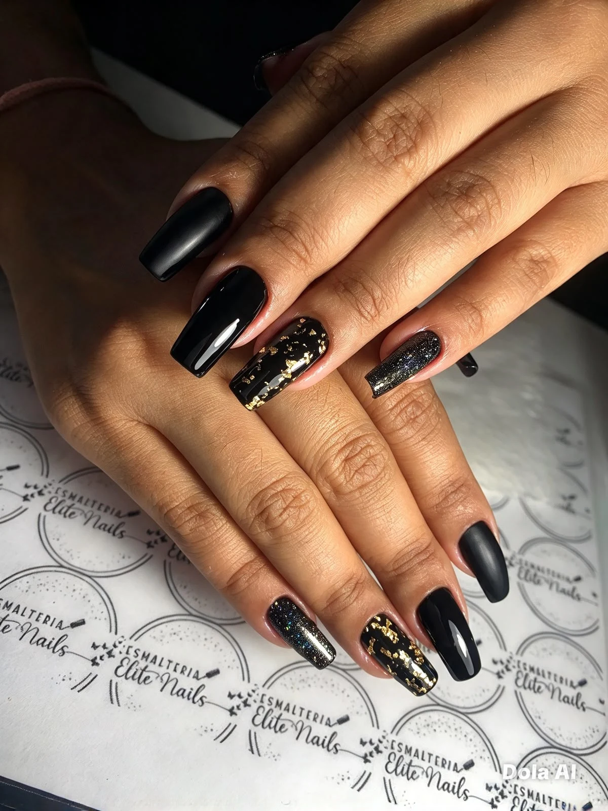 Unhas pretas com detalhes dourados e brilho